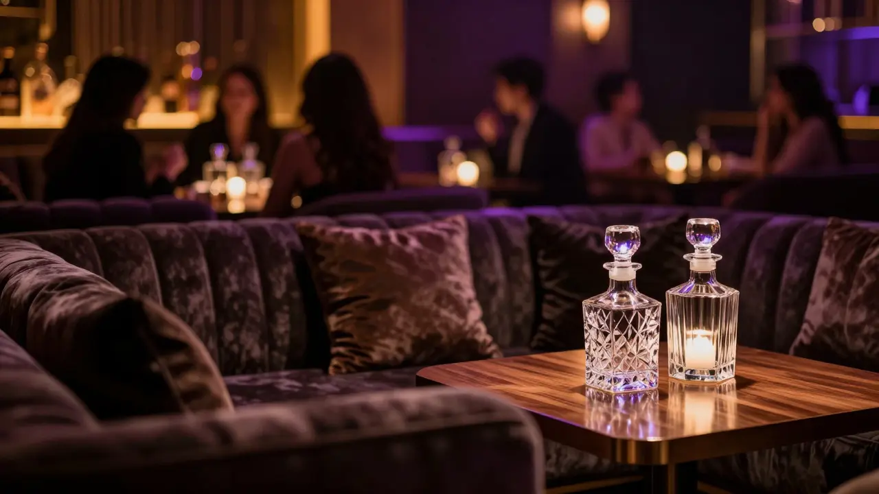 Luxurious private lounge interior with velvet seating and dim lighting