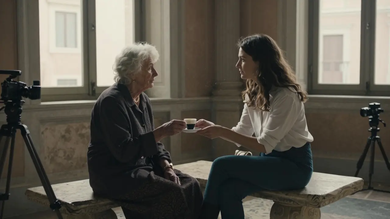 Malena handing espresso to an elderly woman in a historic Roman palazzo during a quiet film shoot.