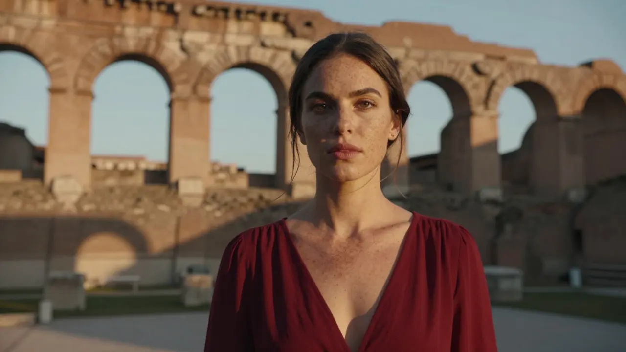Michelle filming in the Baths of Caracalla, bathed in sunset light, no makeup, natural shadows, ancient stone behind her.