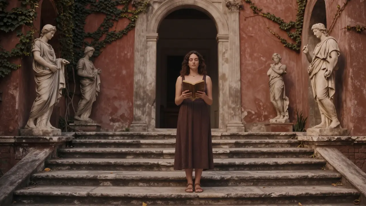 Michelle standing barefoot in a quiet Roman courtyard at dawn, holding a book, surrounded by ancient architecture and stillness.