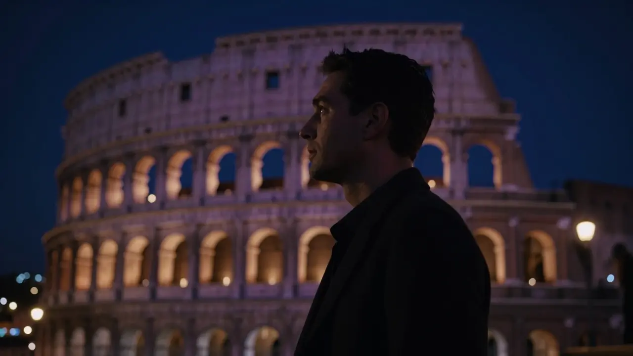Moody night portrait of a figure with city lights in the background.