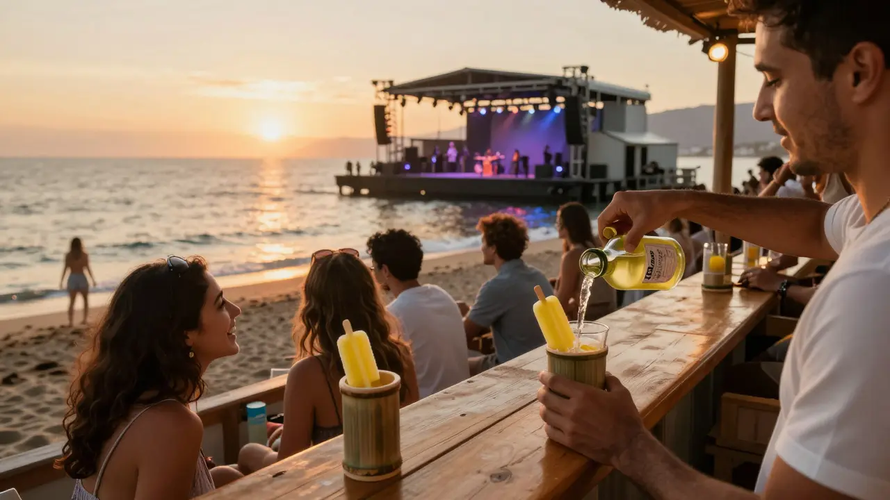 Patrons enjoy limoncello cocktails on a rotating barge bar at sunrise, with the beach and ocean glowing in soft morning light.