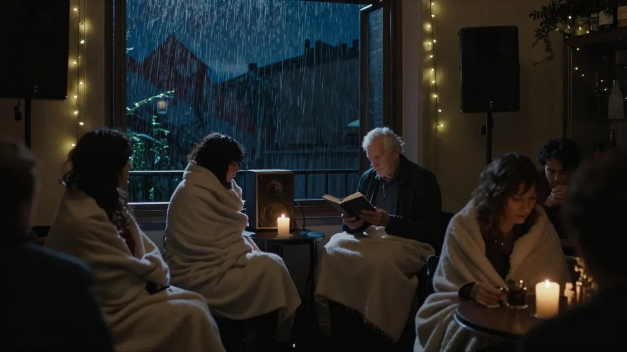Patrons wrapped in blankets at midnight, listening to rain sounds and poetry in a softly glowing room.