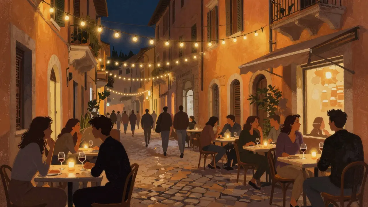 People dining at outdoor tables on a cobblestone street in Rome.