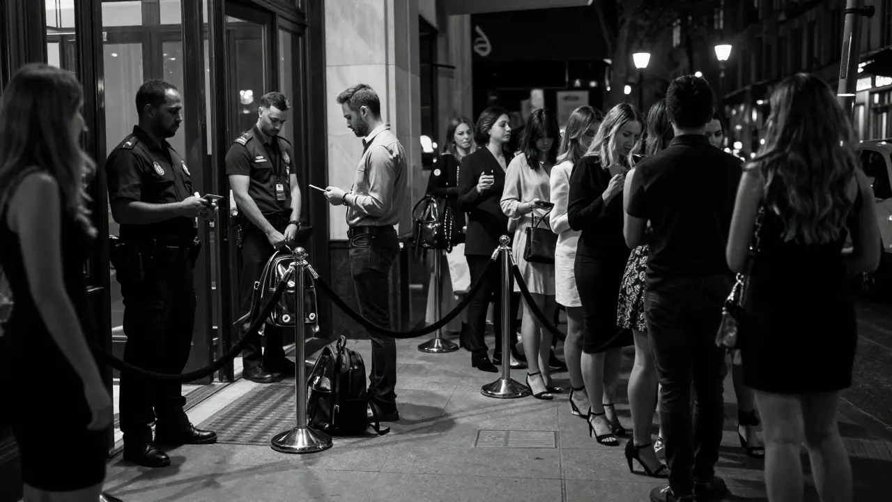 People in formal wear waiting outside club entrance with security guards checking IDs.