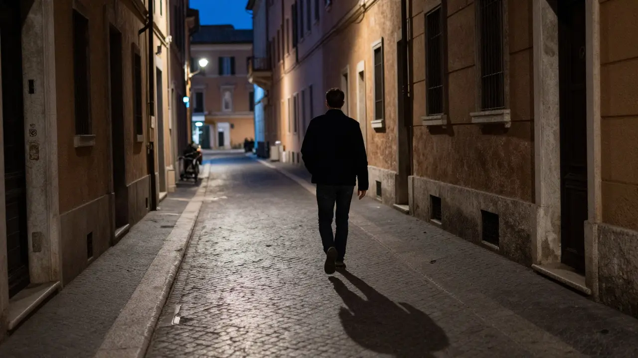 Silhouette of a person walking away on a city street at night.