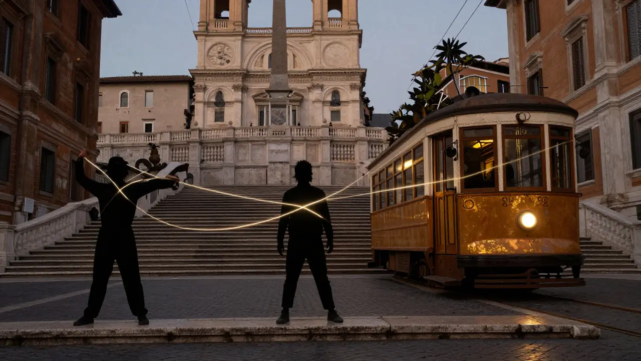 Silhouettes of independent performers in historic Roman locations, connected by glowing threads.