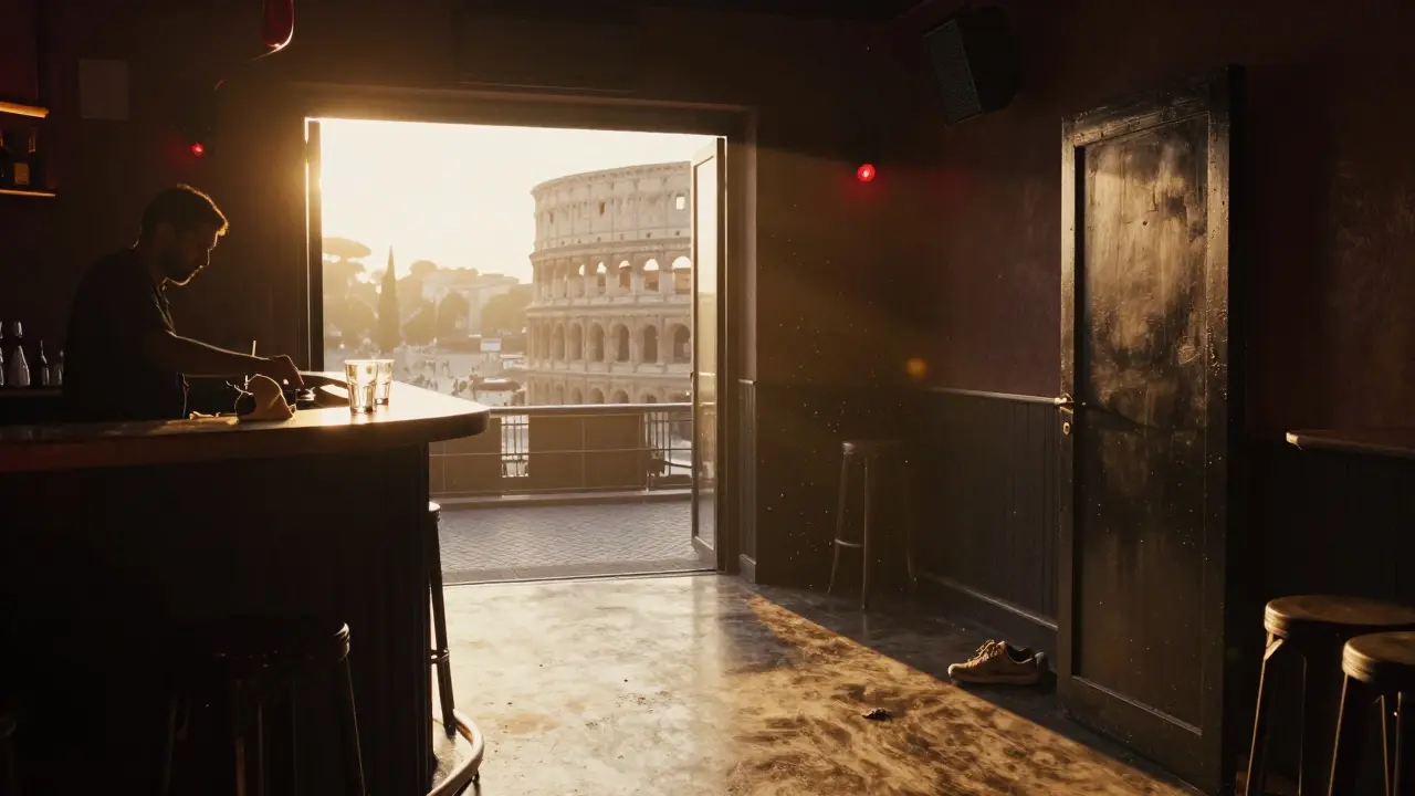 Sunrise through a club’s back door, empty dance floor, one bartender cleaning, a pair of worn shoes near the exit.