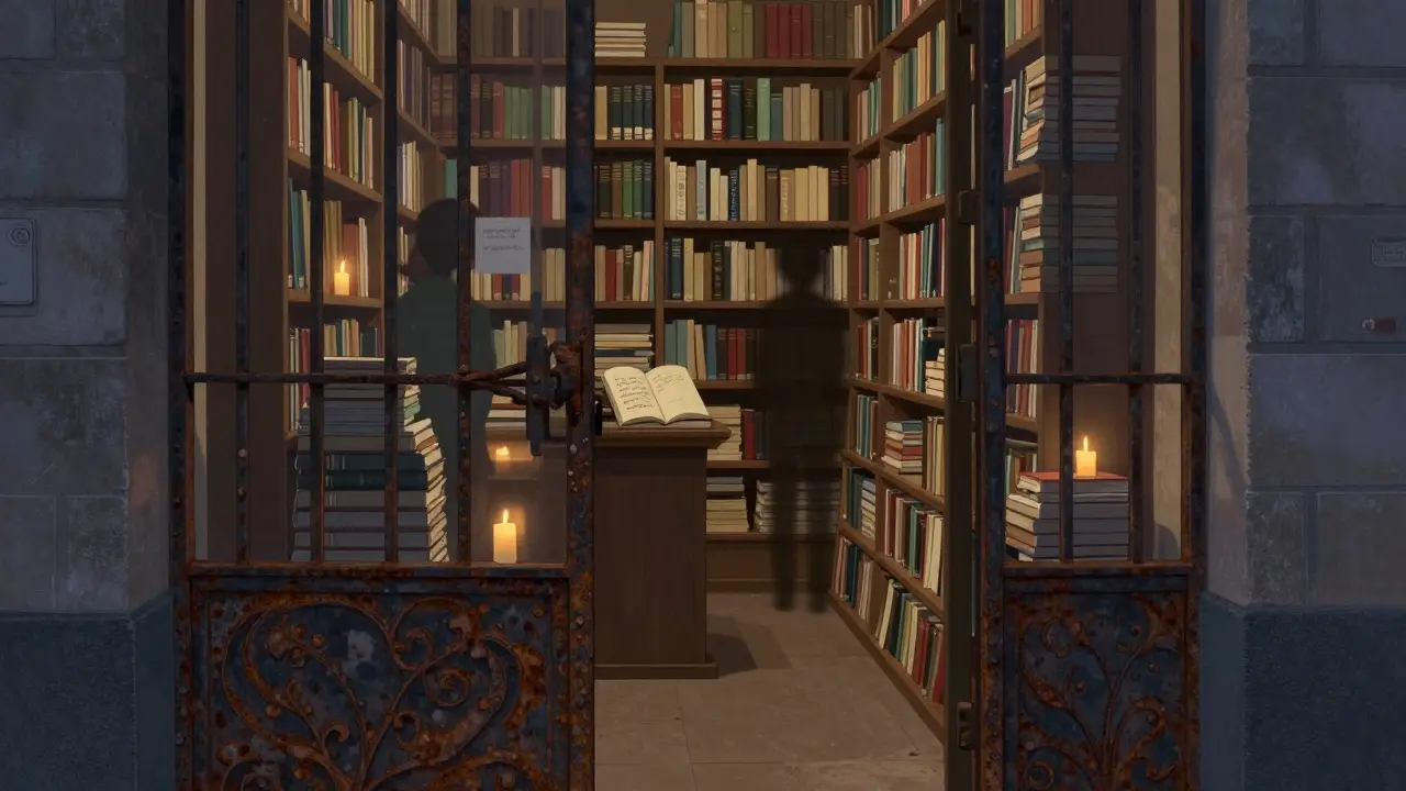 The silent bookshop Libreria del Silenzio, lit by candlelight, with shelves of books and a single open volume bearing a handwritten note.