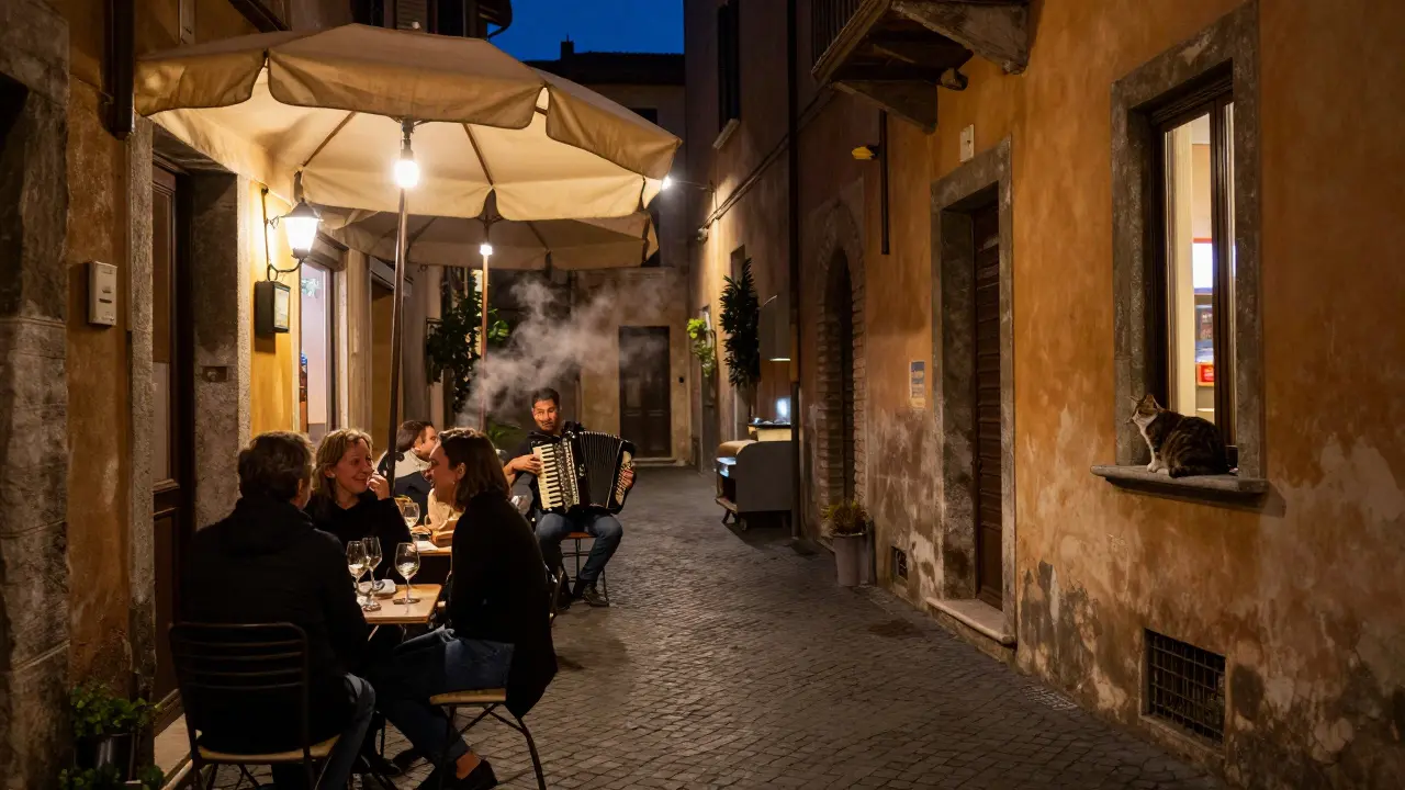 Trastevere alley at night lit by café umbrellas, locals laughing over wine, an accordionist playing softly.