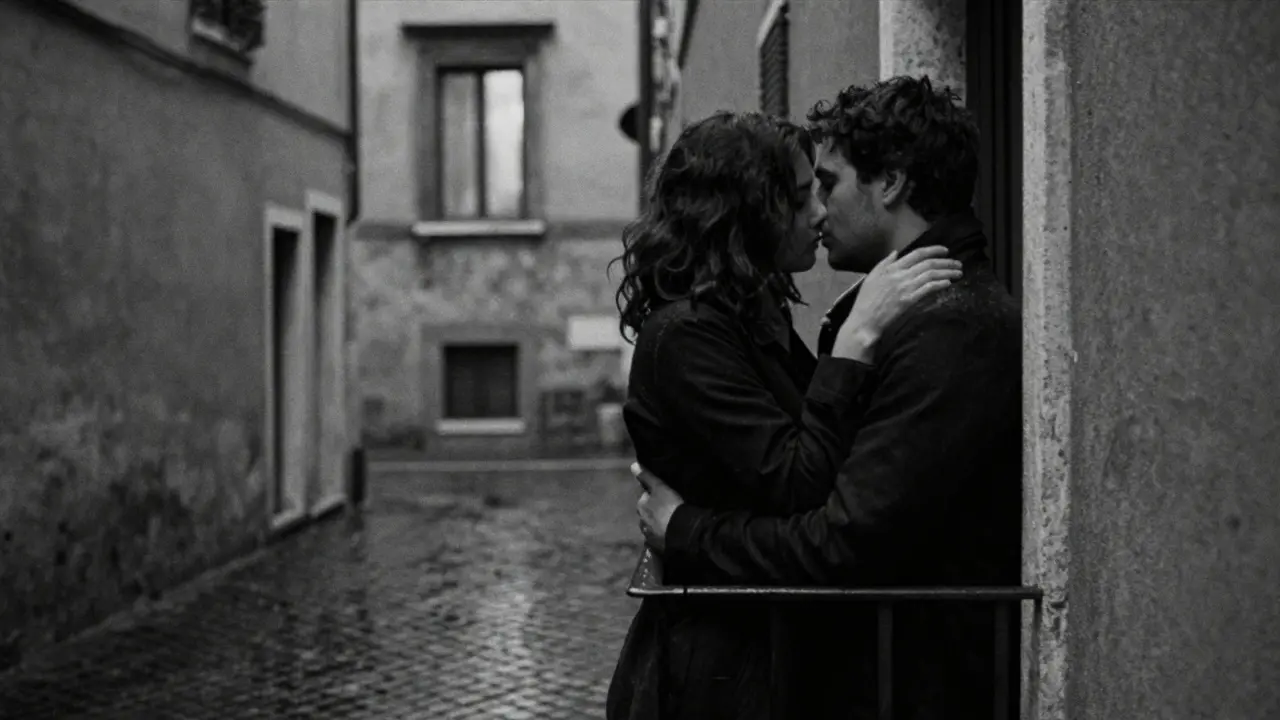 Two figures embrace on a rain-slicked Roman balcony at dusk, faces hidden, hands gently clasped in quiet intimacy.