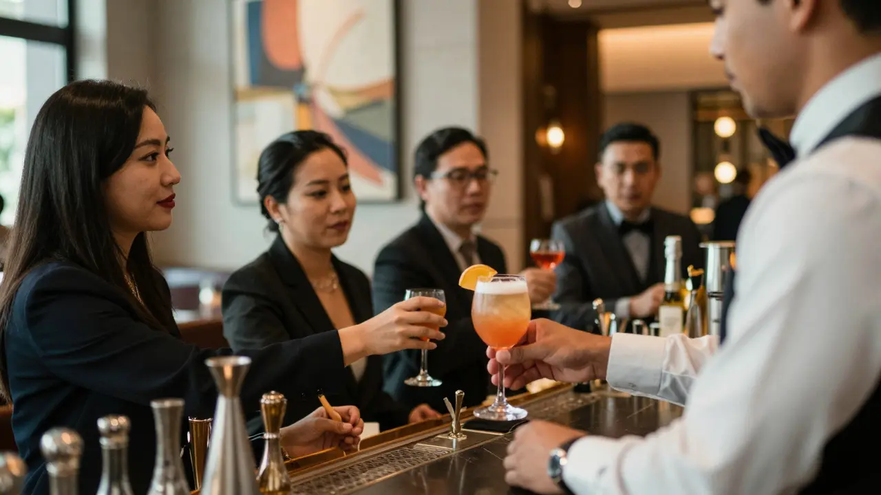 Upscale hotel bar scene showing hospitality and social interaction