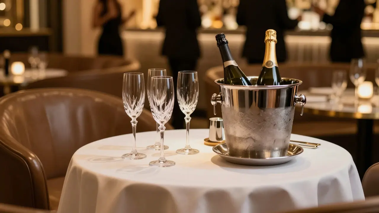 VIP lounge table with champagne bottles overlooking a busy dance floor below.