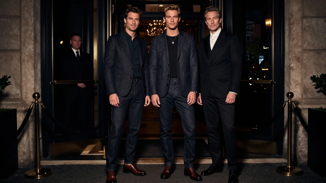 Well dressed partygoers standing near a velvet rope entryway.